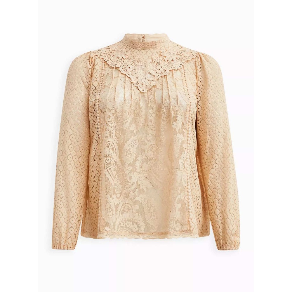 Torrid Mixed Lace High Neck Long Sleeve Blouse Beige Cream 2 2X Victorian - Picture 5 of 10